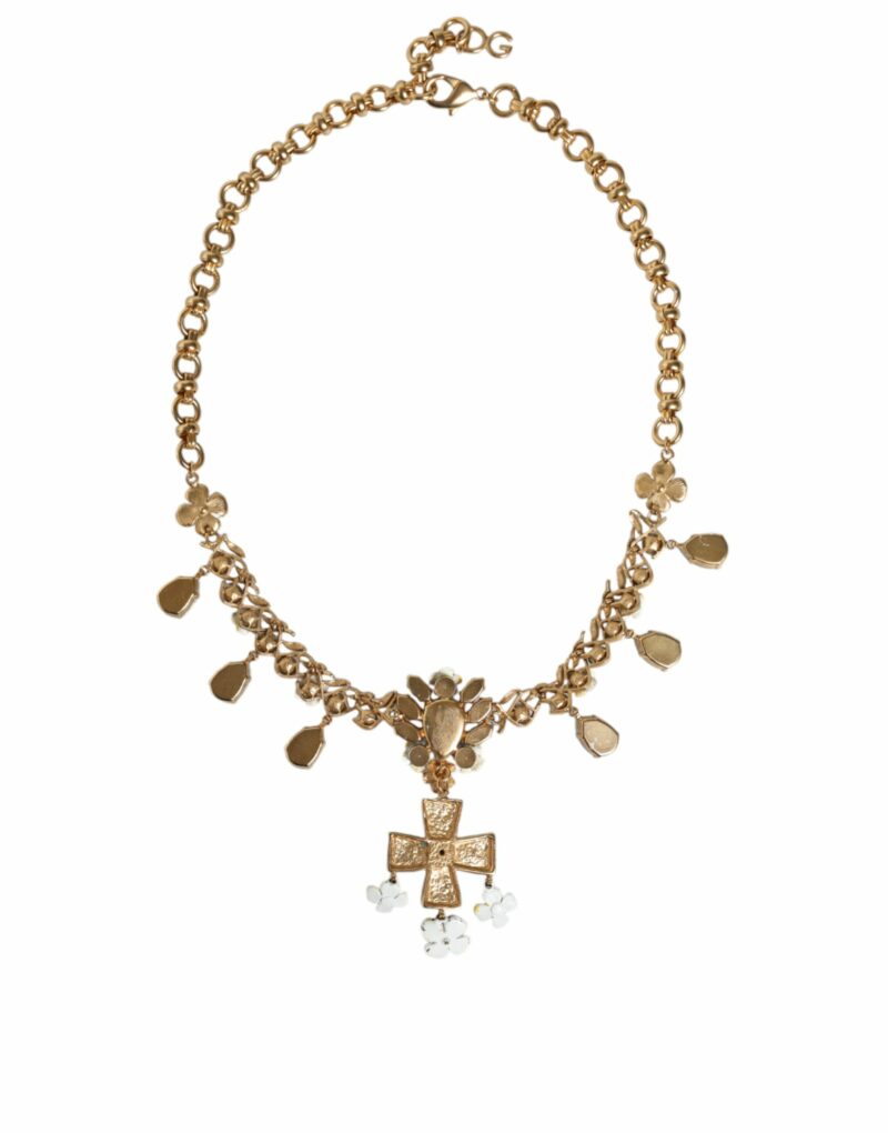 Dolce & Gabbana Gold Brass Chain Floral Crystal Cross Pendant Necklace - Image 5