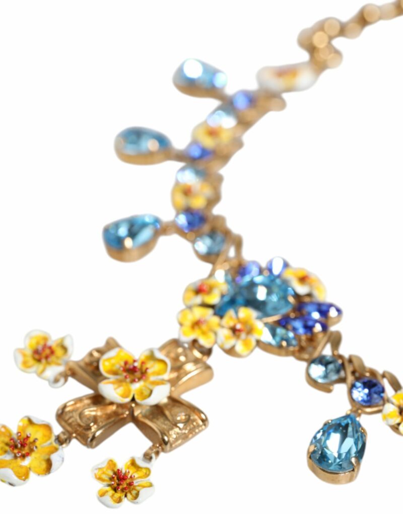 Dolce & Gabbana Gold Brass Chain Floral Crystal Cross Pendant Necklace - Image 6