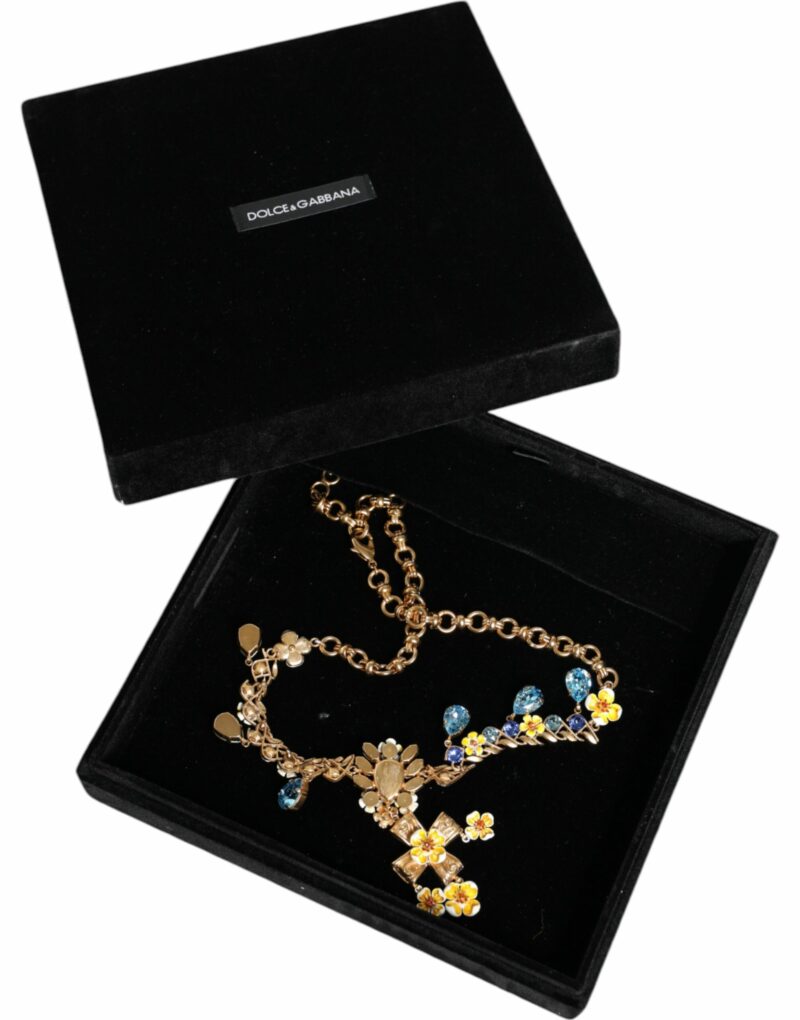 Dolce & Gabbana Gold Brass Chain Floral Crystal Cross Pendant Necklace - Image 7
