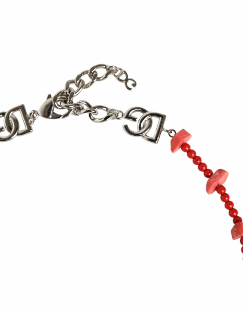 Dolce & Gabbana Silver Tone Brass Beaded Resin DG Logo Chain Necklace - Image 3