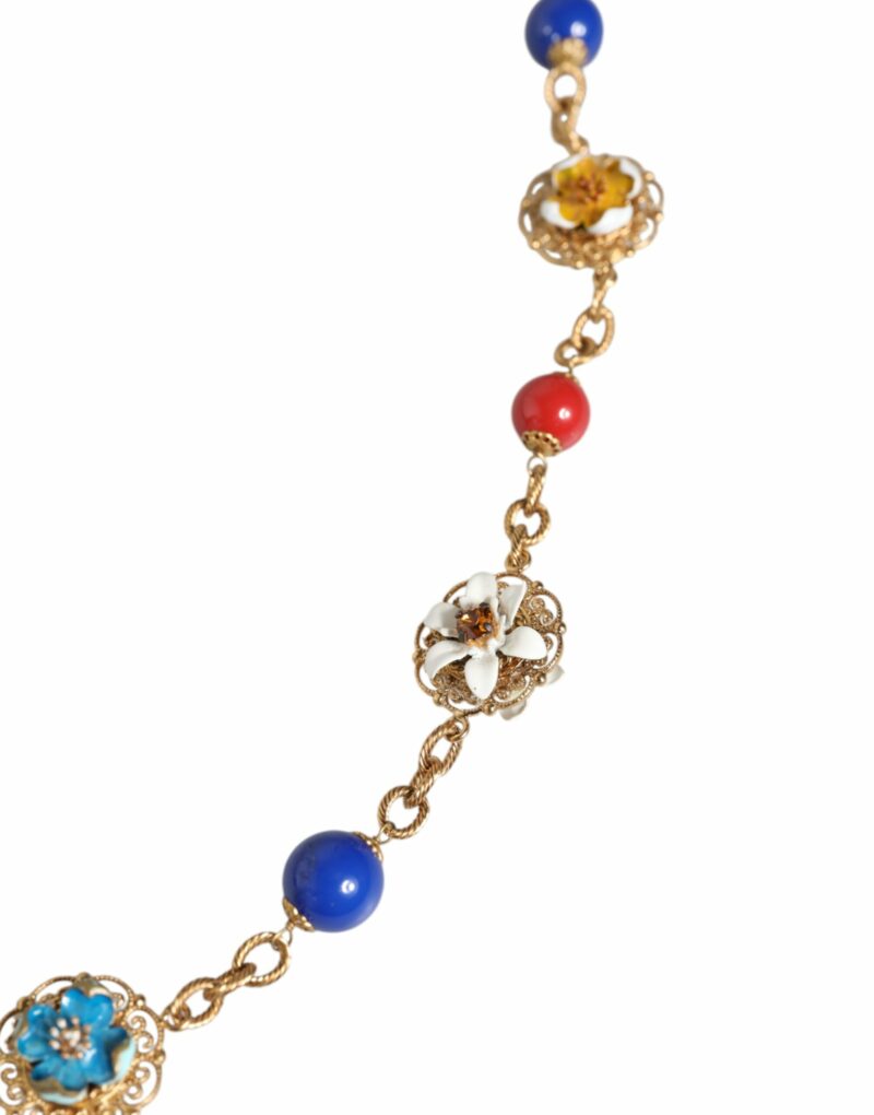 Dolce & Gabbana Gold Tone Brass Chain Floral Crystal Beaded Necklace - Image 2