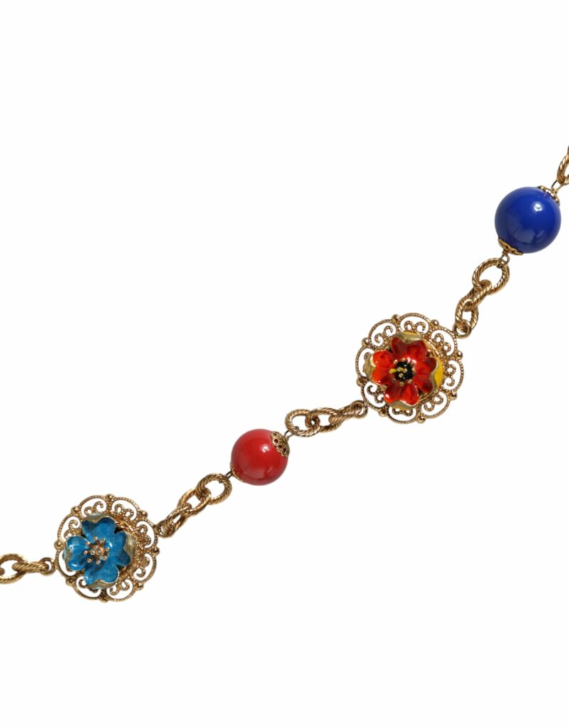 Dolce & Gabbana Gold Tone Brass Chain Floral Crystal Beaded Necklace - Image 3