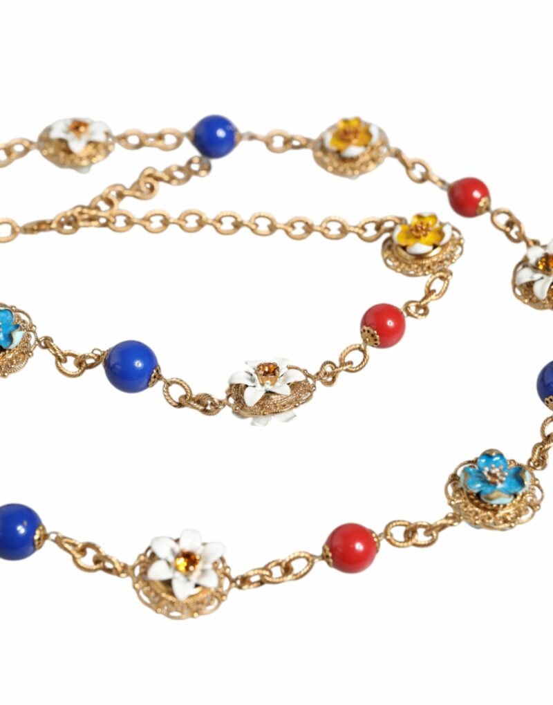 Dolce & Gabbana Gold Tone Brass Chain Floral Crystal Beaded Necklace - Image 4