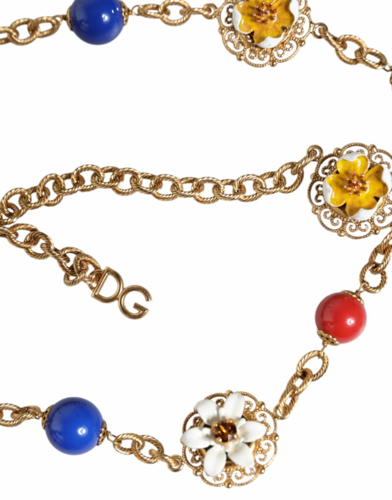 Dolce & Gabbana Gold Tone Brass Chain Floral Crystal Beaded Necklace - Image 5