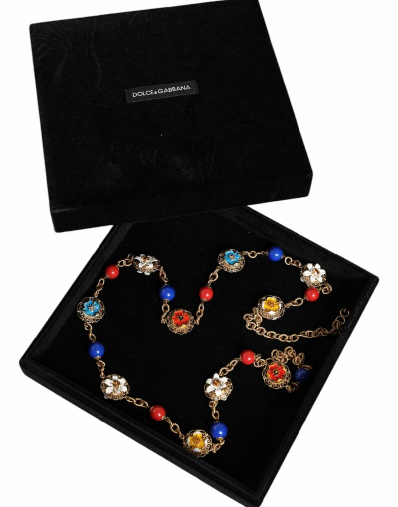 Dolce & Gabbana Gold Tone Brass Chain Floral Crystal Beaded Necklace - Image 6