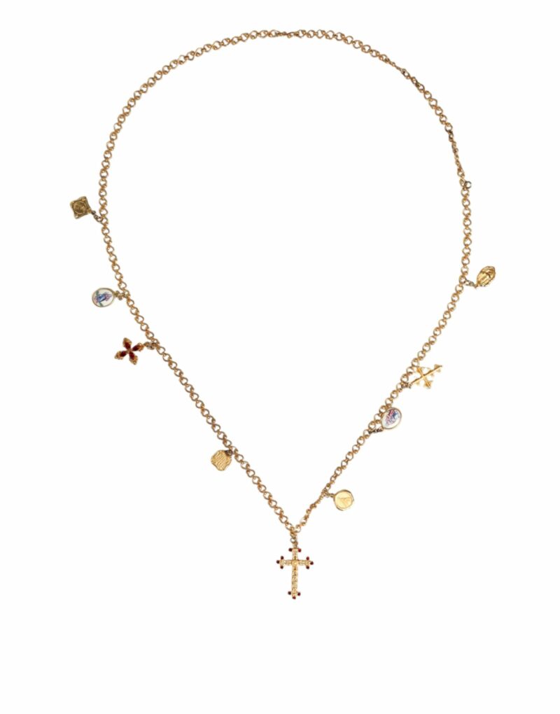 Dolce & Gabbana Gold Tone Brass Chain Religious Cross Pendant Necklace - Image 2