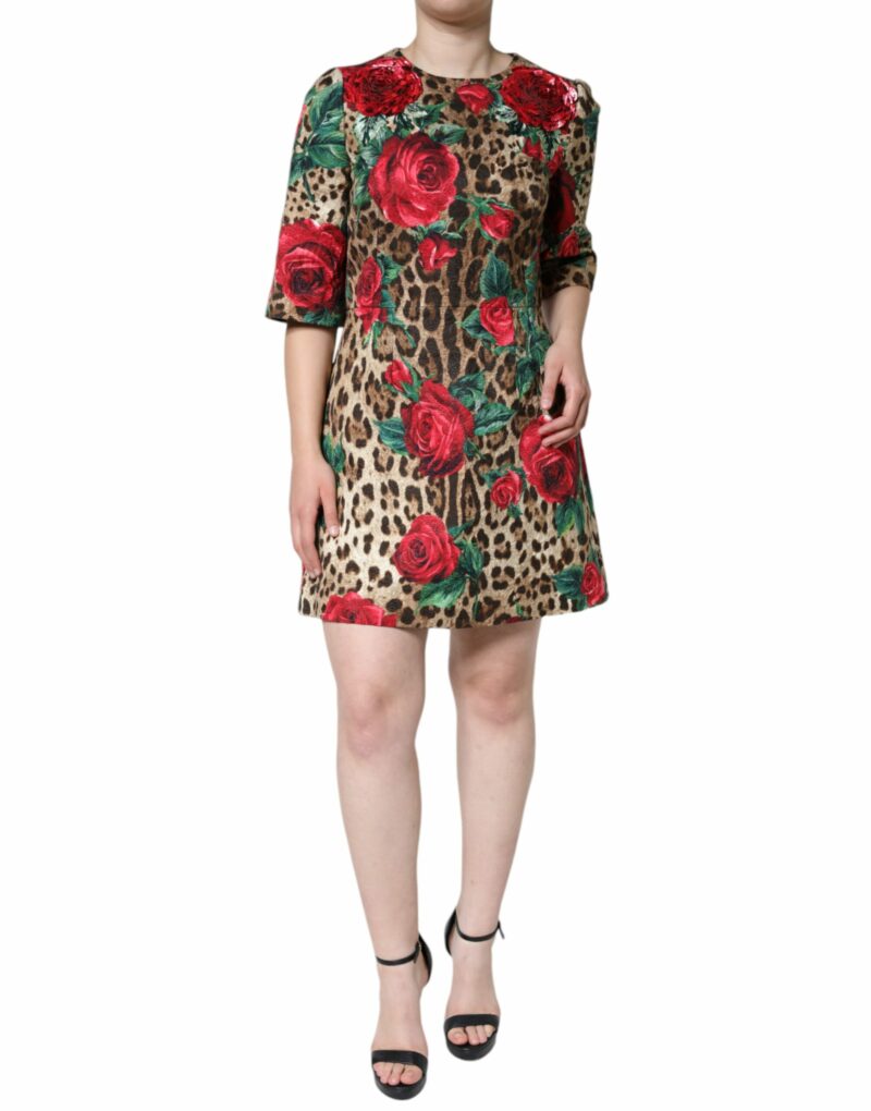 Dolce & Gabbana Brown Leopard Red Roses Cotton A-line Dress - Image 2