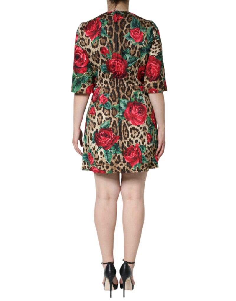 Dolce & Gabbana Brown Leopard Red Roses Cotton A-line Dress - Image 4