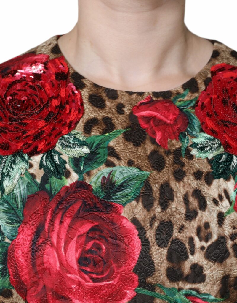 Dolce & Gabbana Brown Leopard Red Roses Cotton A-line Dress - Image 5