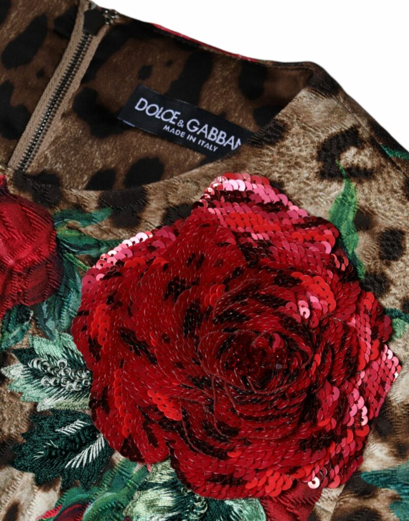 Dolce & Gabbana Brown Leopard Red Roses Cotton A-line Dress - Image 6