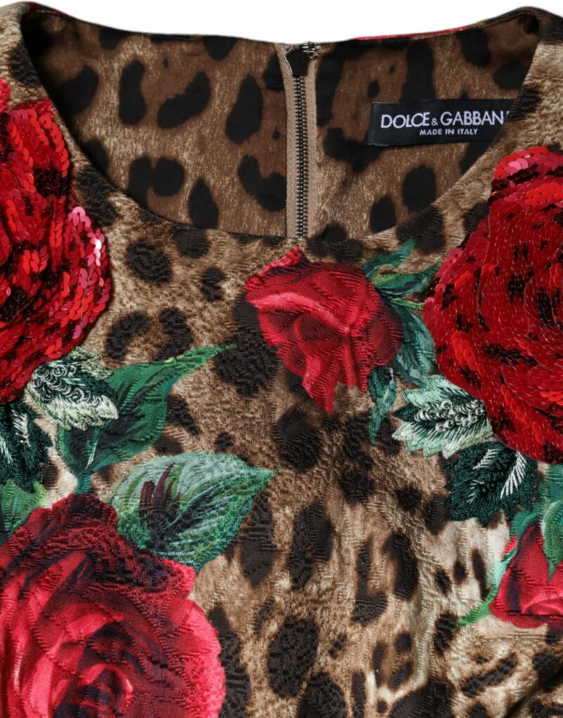 Dolce & Gabbana Brown Leopard Red Roses Cotton A-line Dress - Image 7