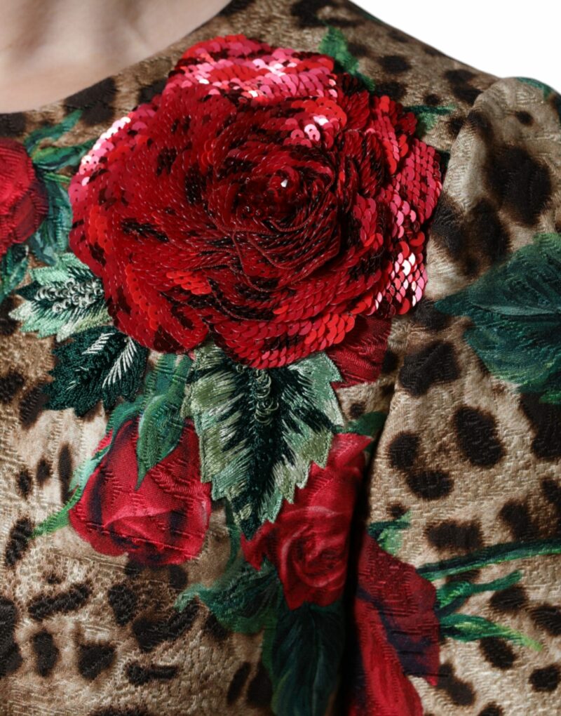 Dolce & Gabbana Brown Leopard Red Roses Cotton A-line Dress - Image 8