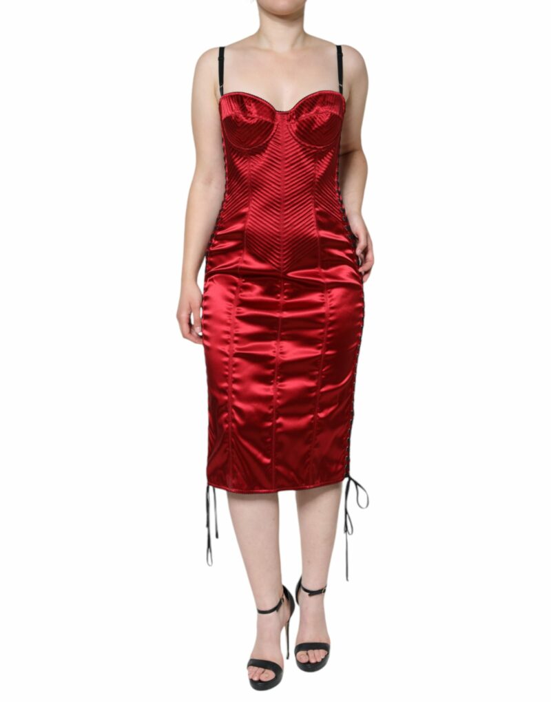 Dolce & Gabbana Red Bustier Corset Lace Bodycon Midi Dress - Image 2