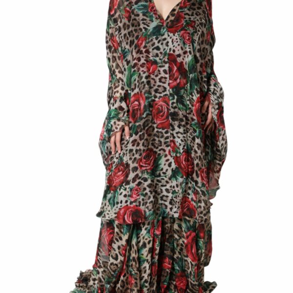 Dolce & Gabbana Brown Leopard Red Roses Silk Long Gown Dress