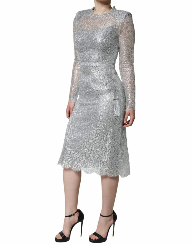 Dolce & Gabbana Silver Floral Lace Bodycon Sheath Midi Dress - Image 3