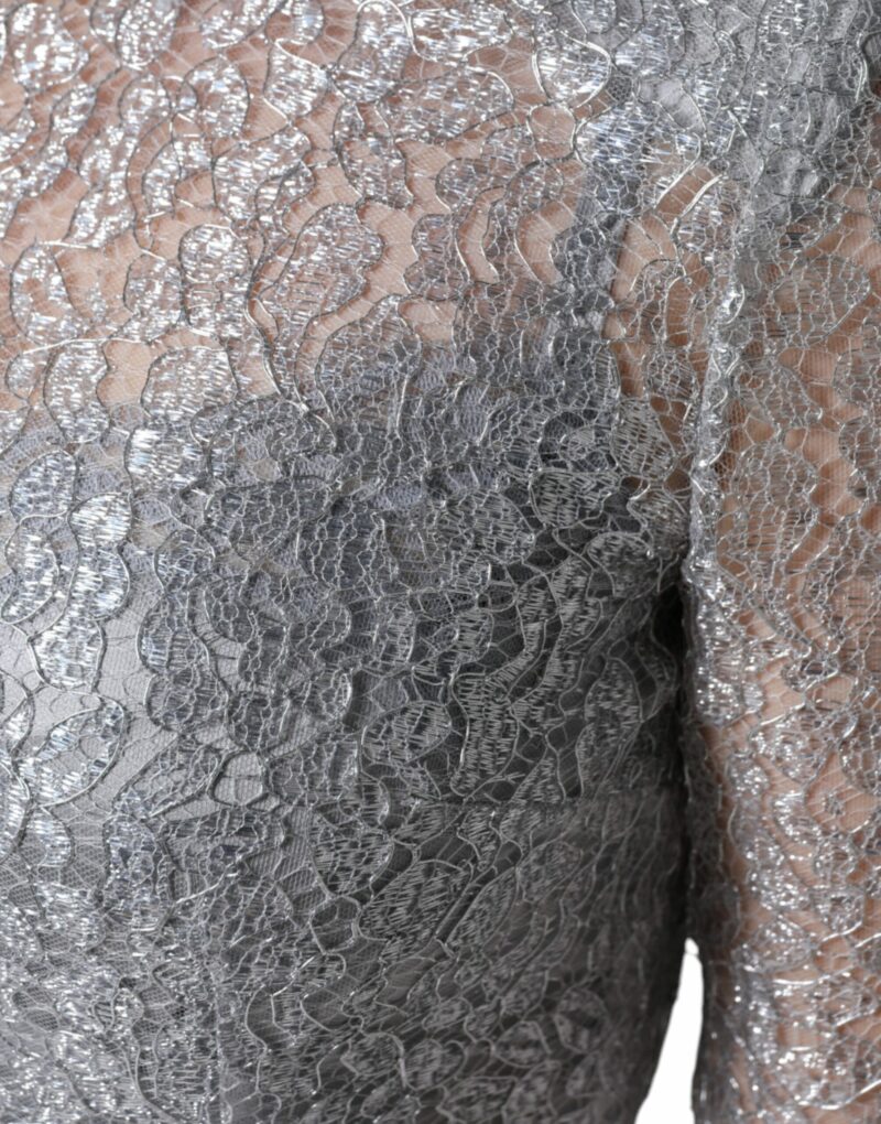 Dolce & Gabbana Silver Floral Lace Bodycon Sheath Midi Dress - Image 7