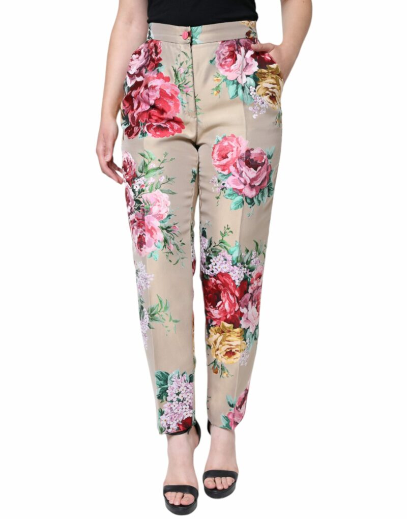 Dolce & Gabbana Beige Floral Jacquard High Waist Tapered Pants - Image 2