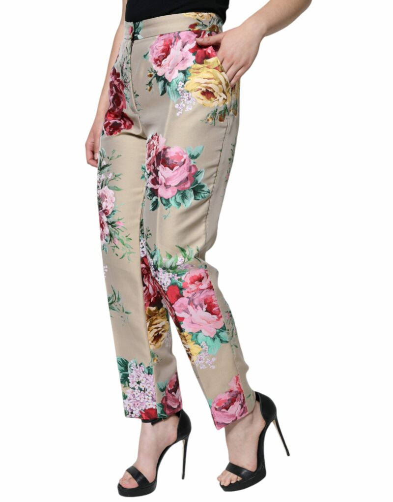 Dolce & Gabbana Beige Floral Jacquard High Waist Tapered Pants - Image 3