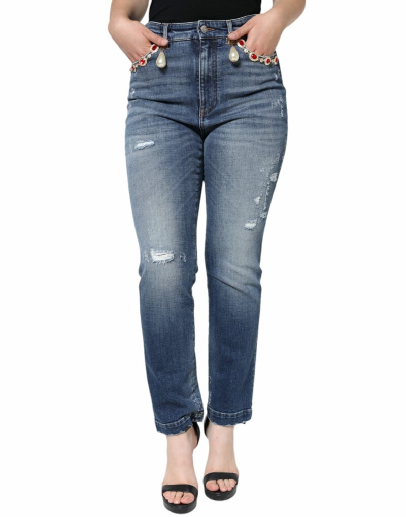 Dolce & Gabbana Dark Blue Cotton Tattered Skinny Denim Jeans - Image 2