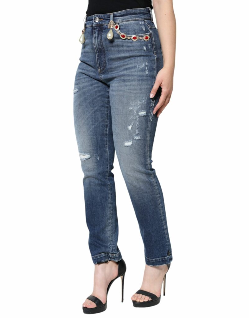 Dolce & Gabbana Dark Blue Cotton Tattered Skinny Denim Jeans - Image 3