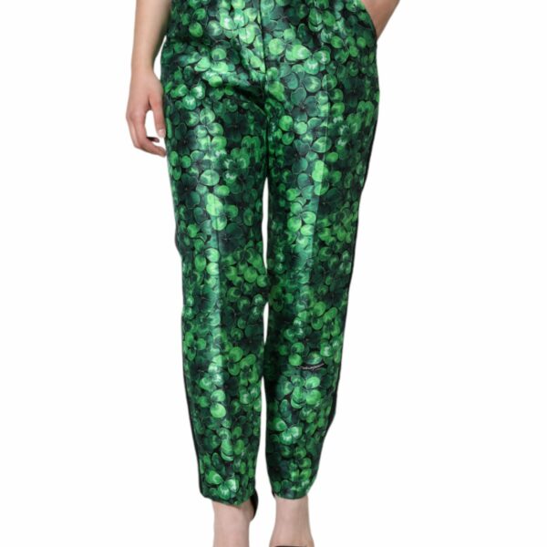 Dolce & Gabbana Green Clover Silk Satin High Waist Tapered Pants
