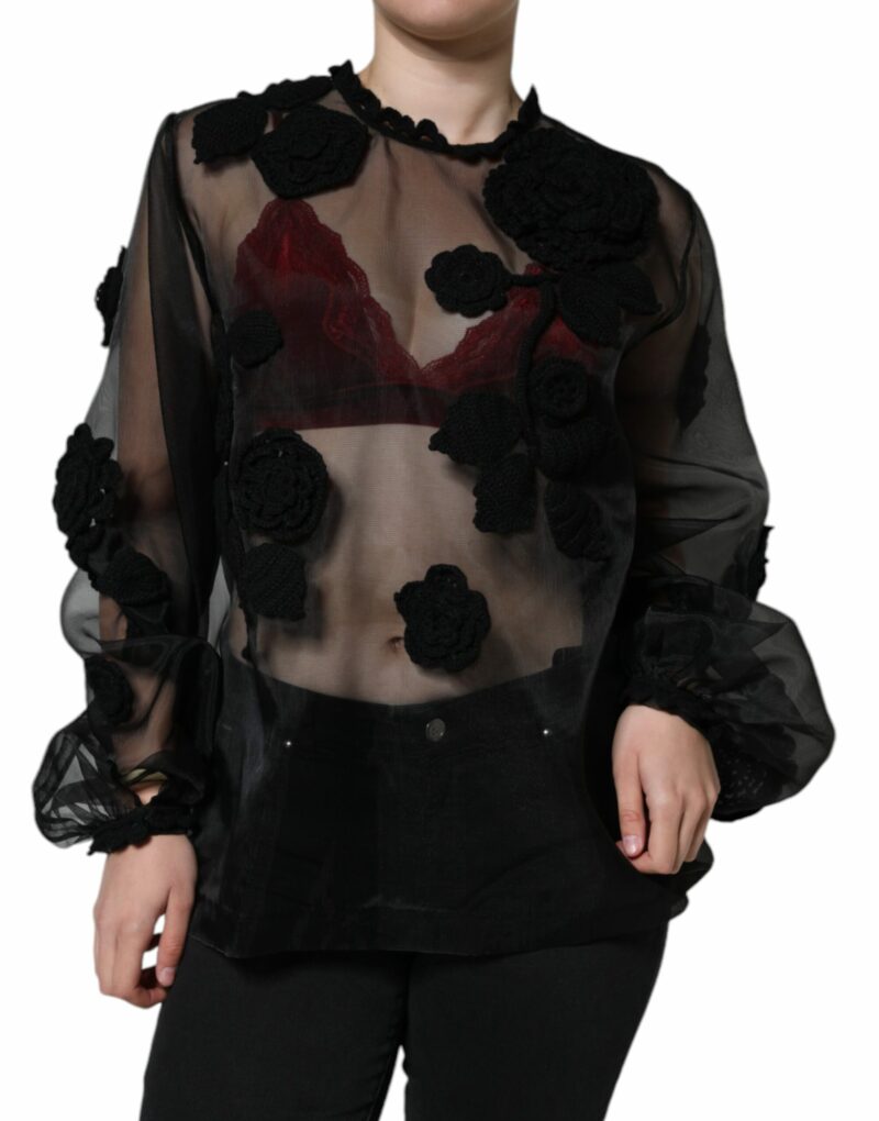 Dolce & Gabbana Black Nylon Mesh Transparent Floral Blouse - Image 2