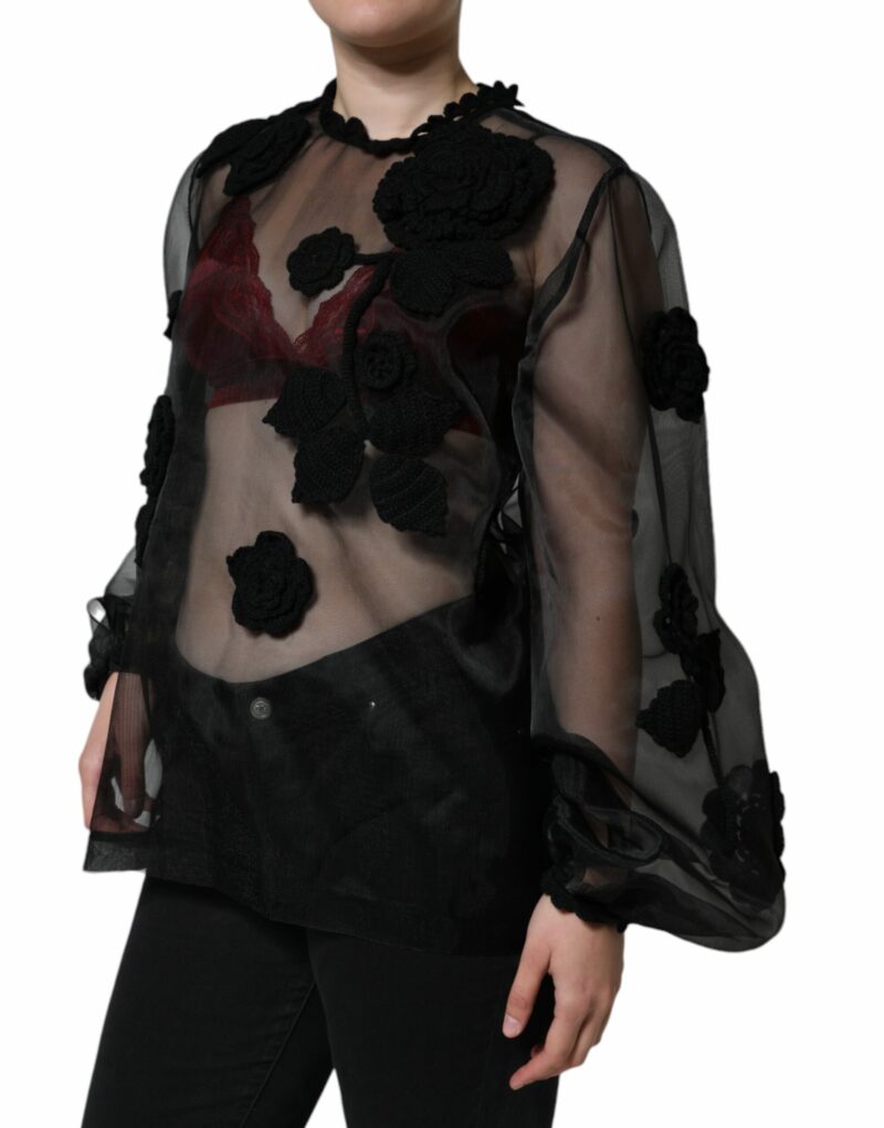 Dolce & Gabbana Black Nylon Mesh Transparent Floral Blouse - Image 3