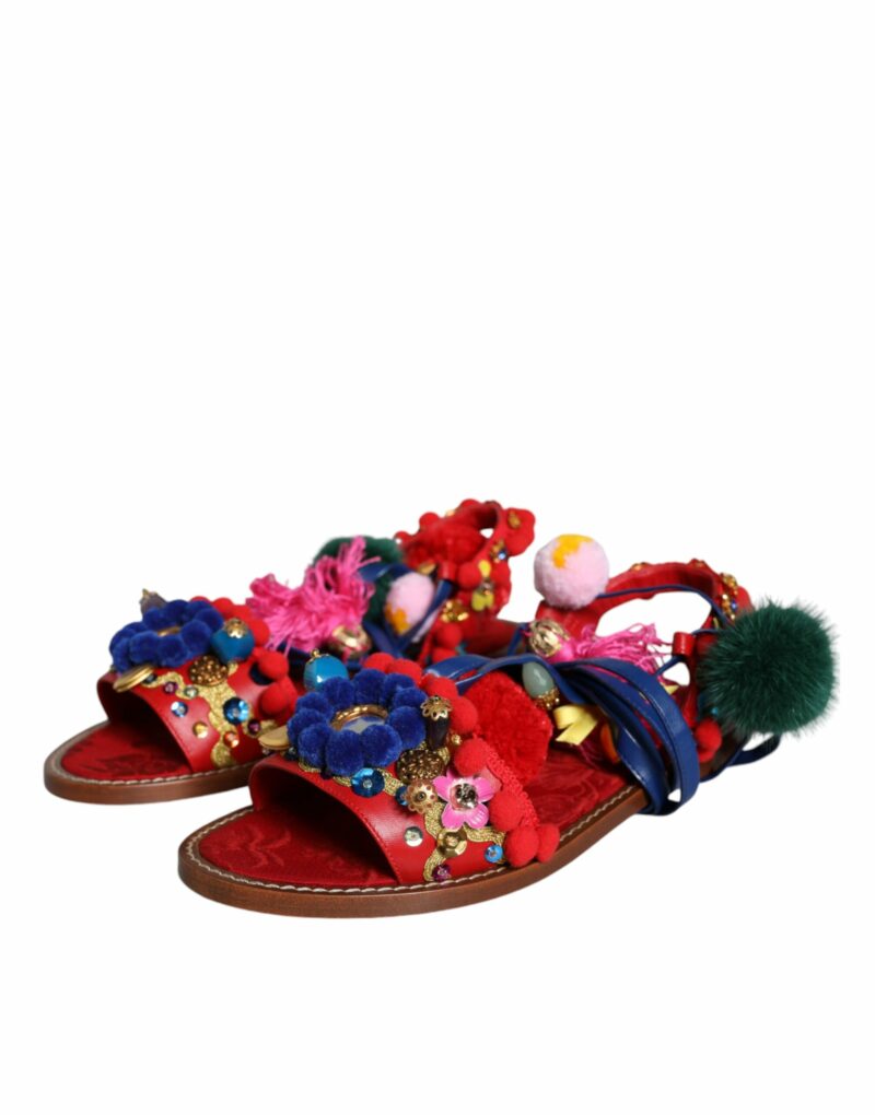 Dolce & Gabbana Multicolor Pom Pom Fur Wrap Sandals Shoes - Image 3