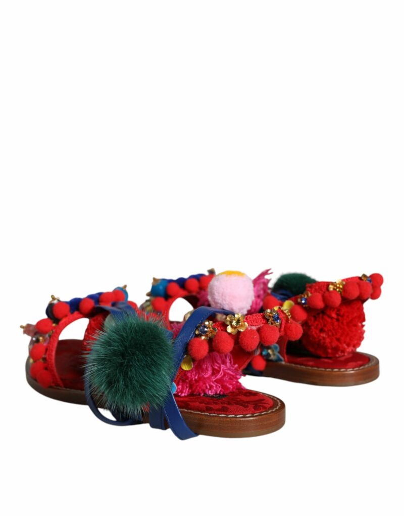 Dolce & Gabbana Multicolor Pom Pom Fur Wrap Sandals Shoes - Image 4