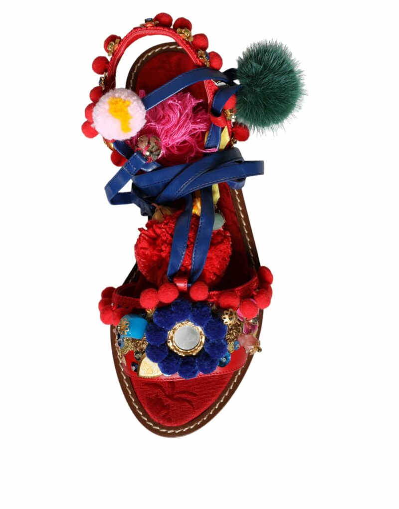 Dolce & Gabbana Multicolor Pom Pom Fur Wrap Sandals Shoes - Image 5