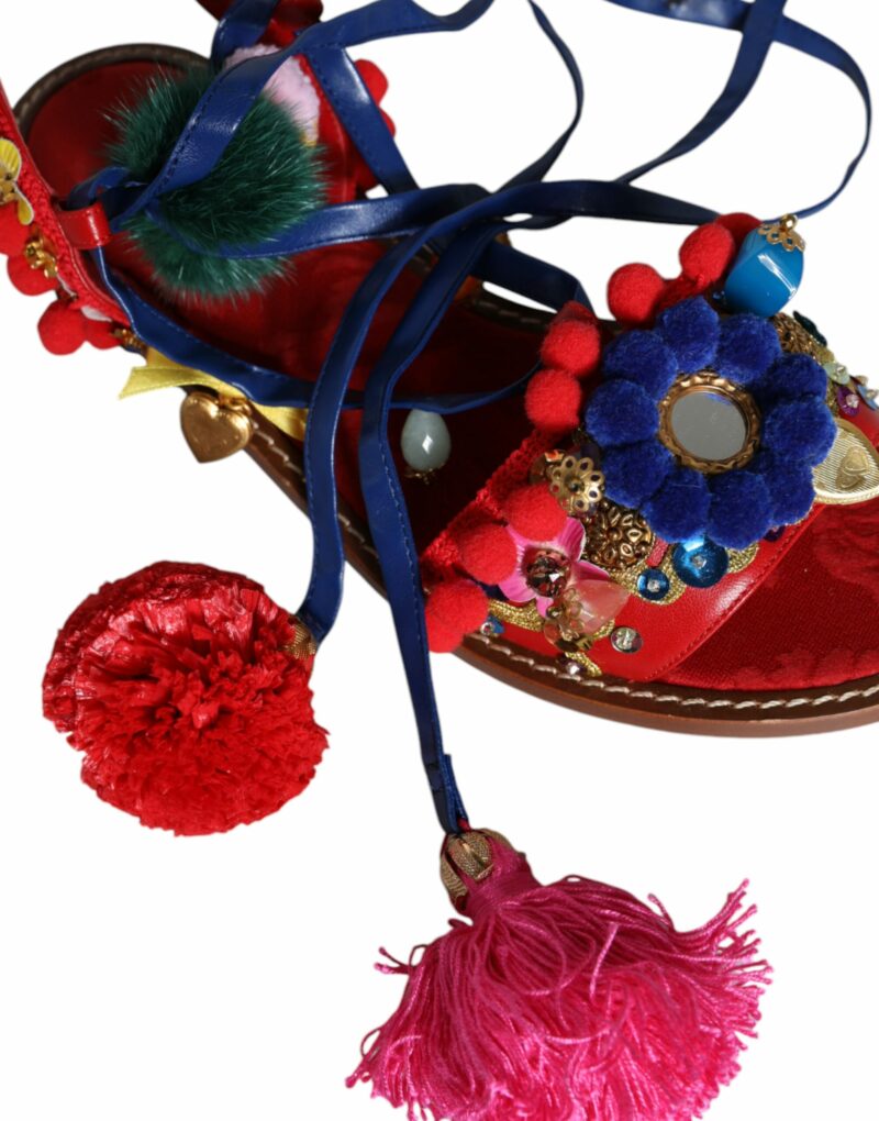 Dolce & Gabbana Multicolor Pom Pom Fur Wrap Sandals Shoes - Image 6