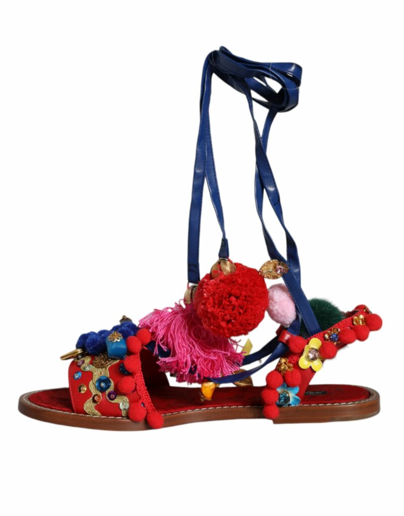 Dolce & Gabbana Multicolor Pom Pom Fur Wrap Sandals Shoes - Image 8