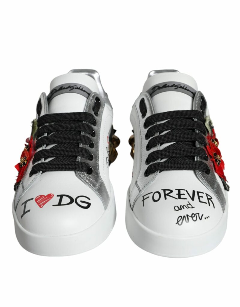 Dolce & Gabbana White Leather Floral Studded Sneakers Shoes - Image 2