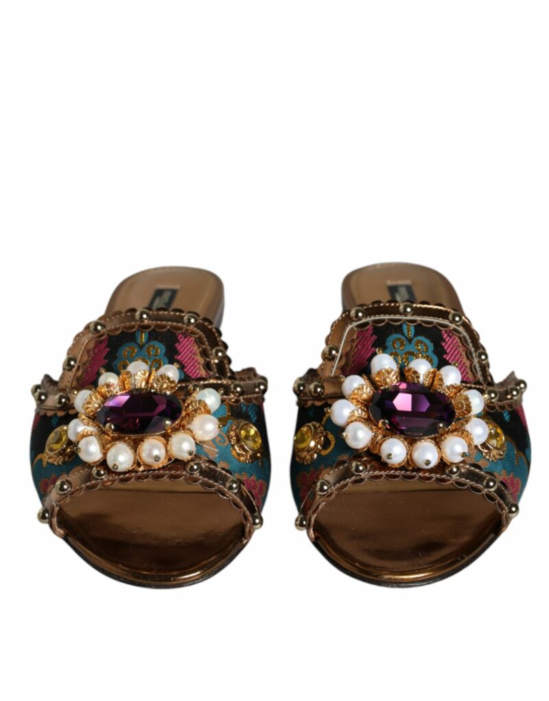 Dolce & Gabbana Multicolor Jacquard Embellished Slides Flats Shoes - Image 2