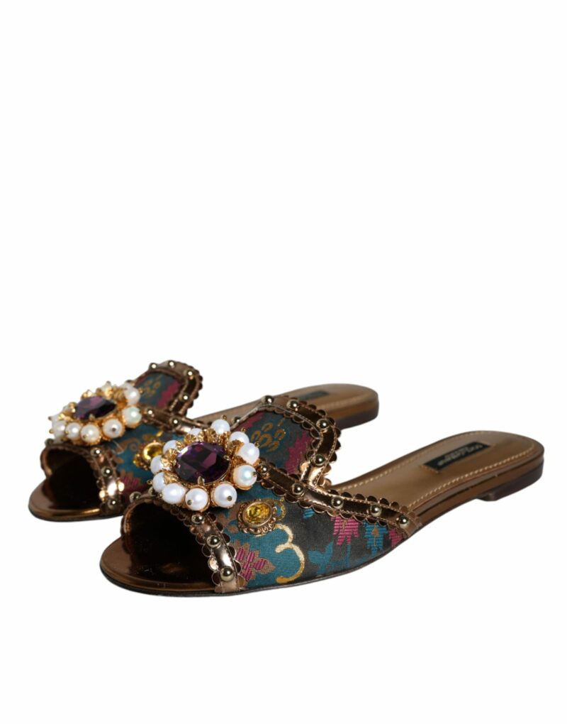 Dolce & Gabbana Multicolor Jacquard Embellished Slides Flats Shoes - Image 3