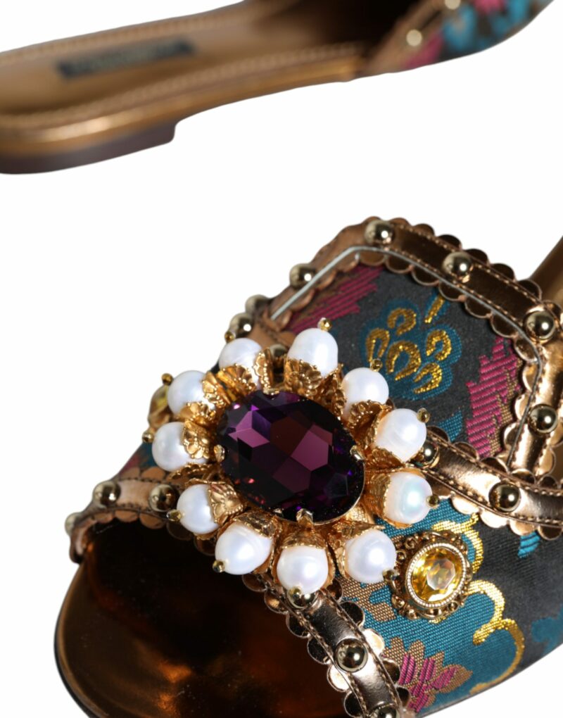Dolce & Gabbana Multicolor Jacquard Embellished Slides Flats Shoes - Image 5
