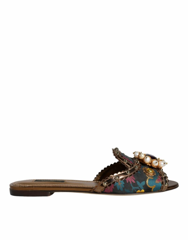 Dolce & Gabbana Multicolor Jacquard Embellished Slides Flats Shoes - Image 7