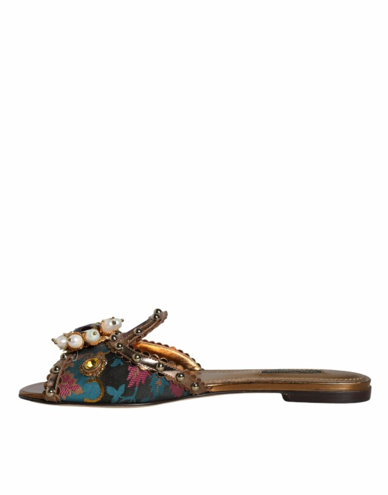 Dolce & Gabbana Multicolor Jacquard Embellished Slides Flats Shoes - Image 8