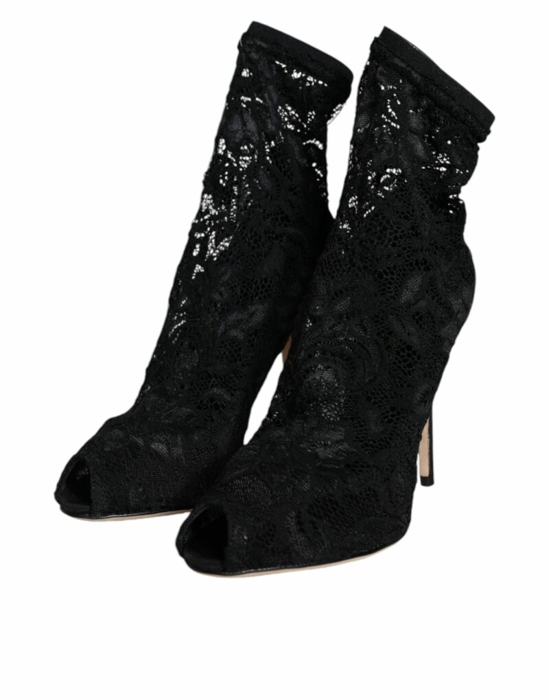 Dolce & Gabbana Black Lace Stretch Heels Mid Calf Boot Shoes - Image 3