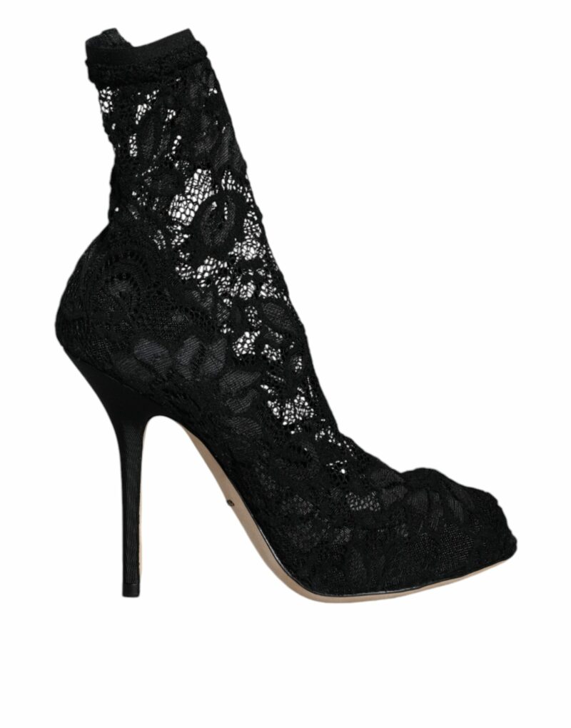 Dolce & Gabbana Black Lace Stretch Heels Mid Calf Boot Shoes - Image 7