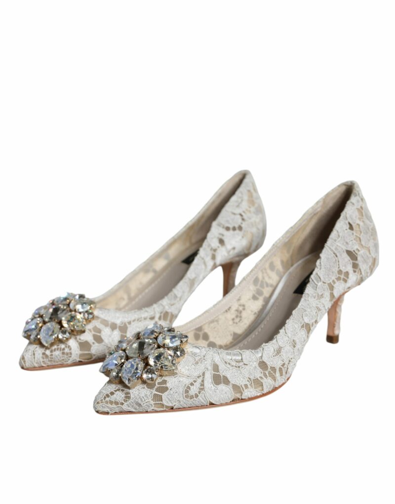 Dolce & Gabbana White Taormina Lace Crystal Heel Pumps Shoes - Image 3