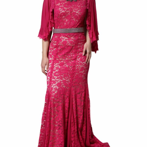 Dolce & Gabbana Pink Lace Crystal Sheath Long Gown Dress