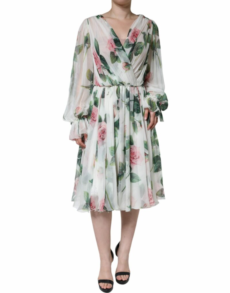 Dolce & Gabbana White Silk Floral Print A-line Midi Dress - Image 2