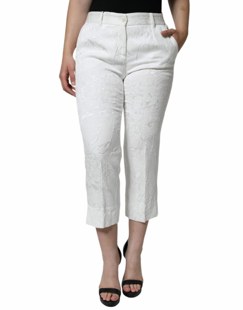 Dolce & Gabbana White Floral Brocade Cotton Cropped Pants - Image 2