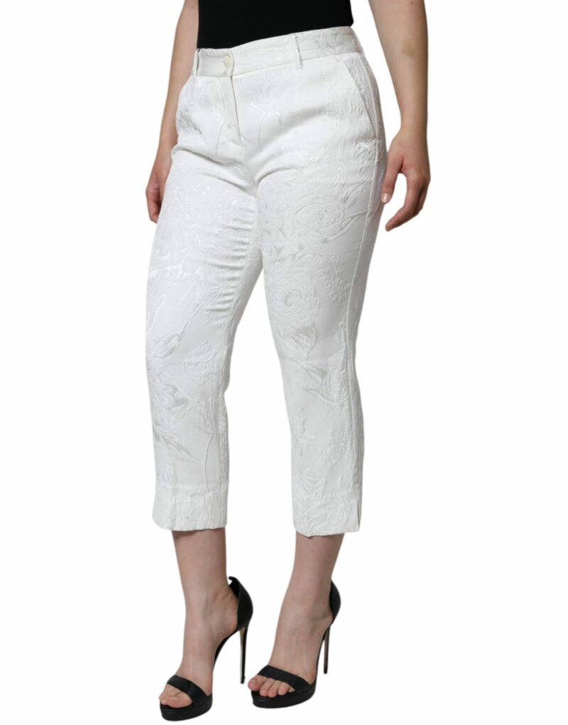 Dolce & Gabbana White Floral Brocade Cotton Cropped Pants - Image 3