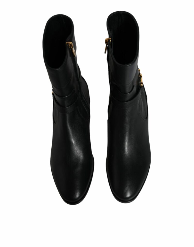 Dolce & Gabbana Black Leather Logo Mid Calf Boots Shoes - Image 3