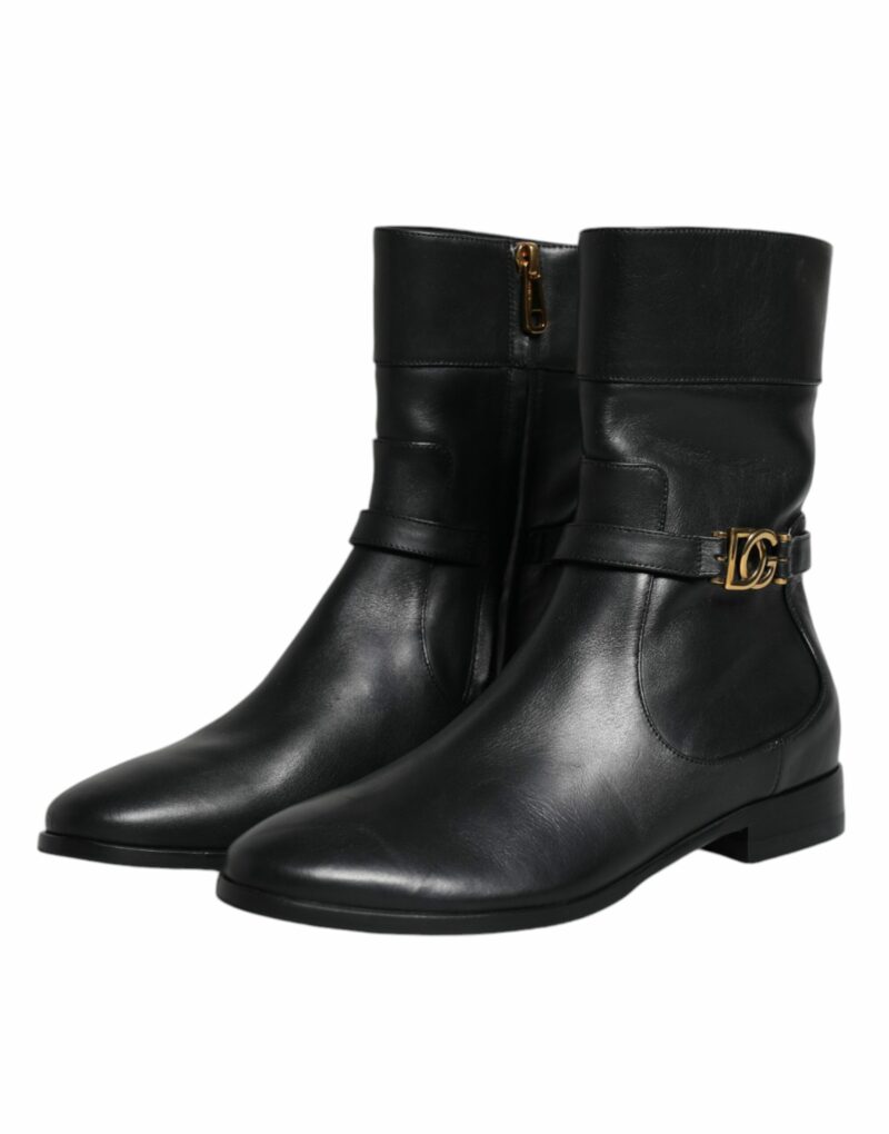 Dolce & Gabbana Black Leather Logo Mid Calf Boots Shoes - Image 4