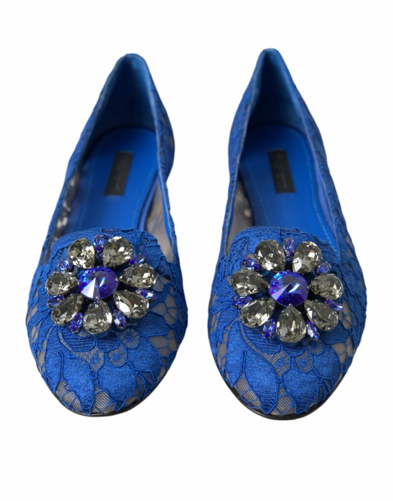 Dolce & Gabbana Blue Lace Crystal Ballet Flats Loafers Shoes - Image 2