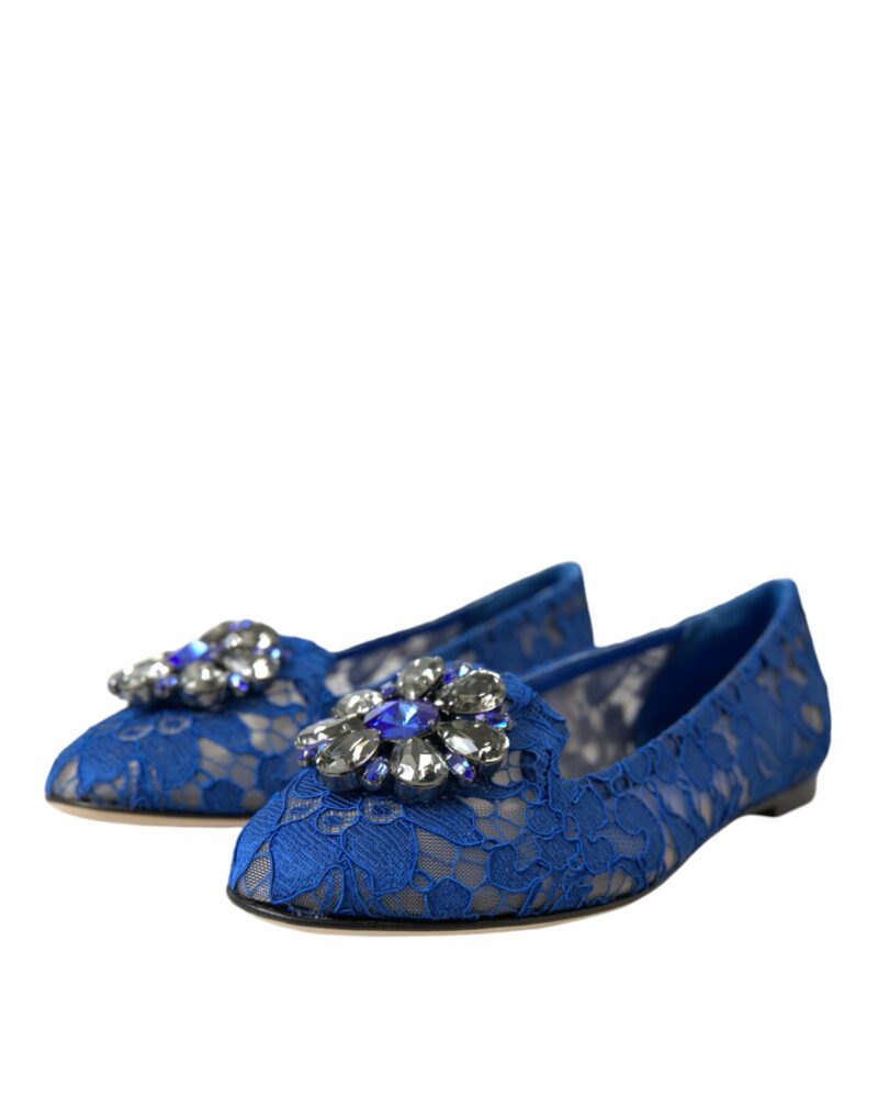 Dolce & Gabbana Blue Lace Crystal Ballet Flats Loafers Shoes - Image 3