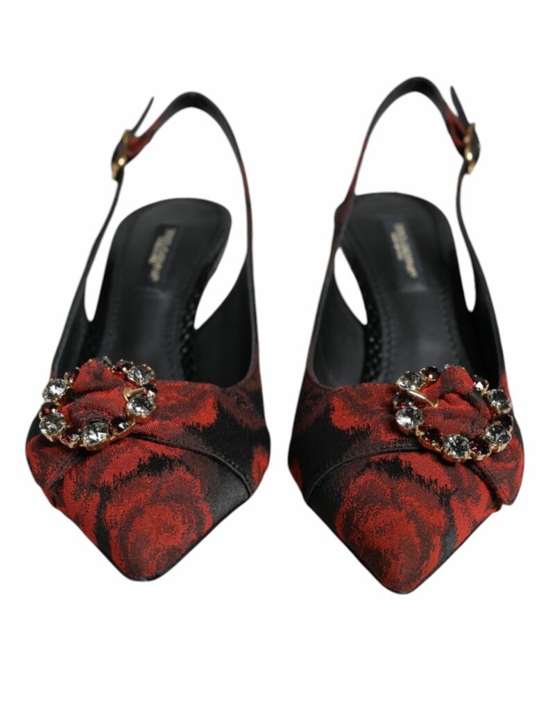 Dolce & Gabbana Black Red Floral Crystal Heel Slingback Shoes - Image 2